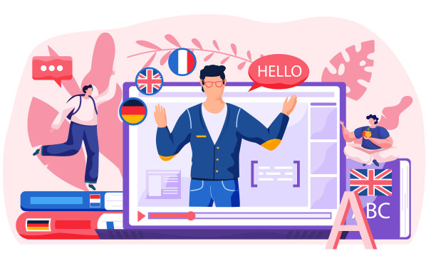 在线网络语言课程。男教师带课，进行远程授课图片下载