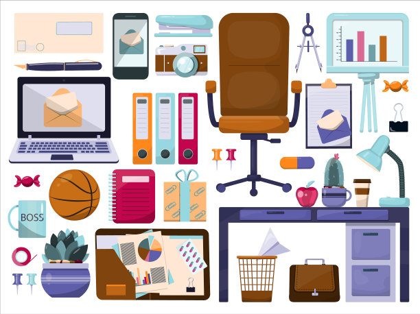 彩色平面办公配件大套装图片下载