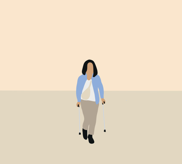 残疾妇女拄着拐杖在街上独自行走。残疾障碍的人。图片下载