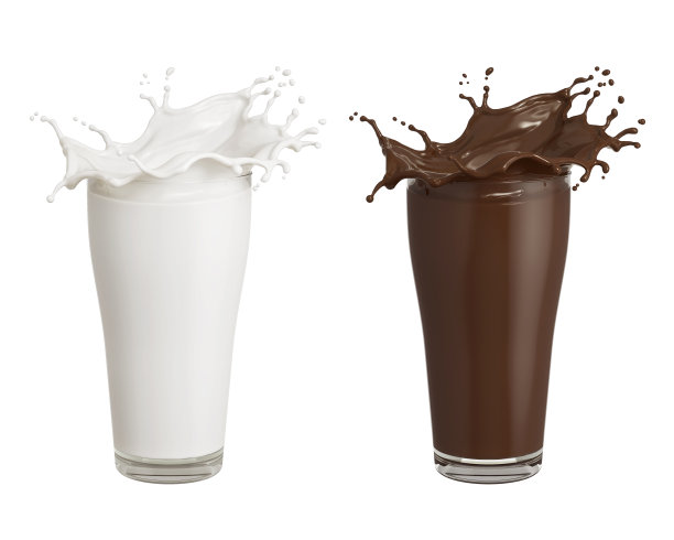 巧克力和牛奶溅在玻璃上的白色背景与剪切路径，3d渲染。图片下载