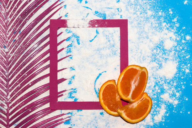 海中的沙子与仙鹤彩框，上面是片橙色水果旁边的粉红色棕榈，创意现代夏季热带设计图片下载