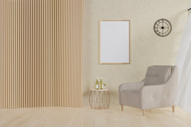 3d渲染的现代座位区与装饰木板和大画框插图。图片下载