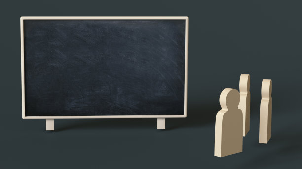 木制的小雕像站在模拟学校黑板的旁边。3 d渲染。放置文本或标志图片下载