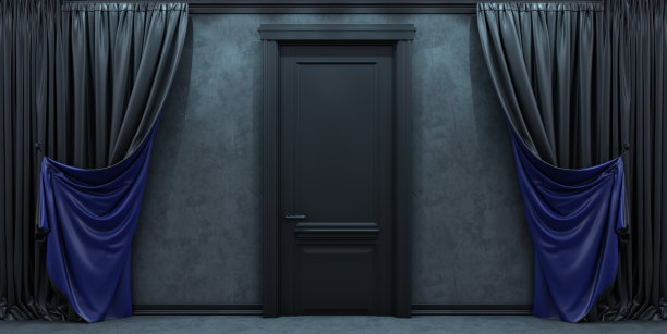 黑色3D门，黑色和蓝色窗帘，vip门入口，图片下载