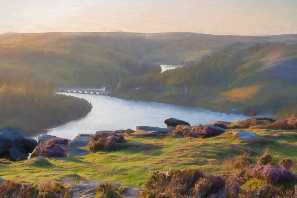 数字绘画的Ashopton高架桥，瓢虫水库，和克鲁克山在德比郡峰区国家公园。图片下载