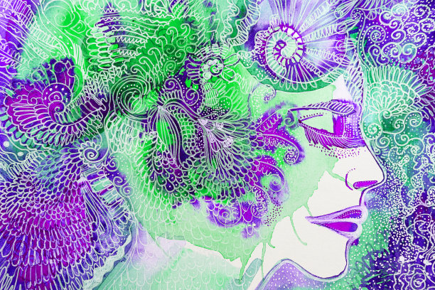 一幅画有花头发的美丽女人的水彩画图片下载