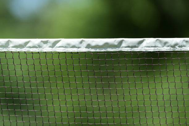 羽毛球球场外的羽毛球网，特写的羽毛球网与绿色的背景图片下载