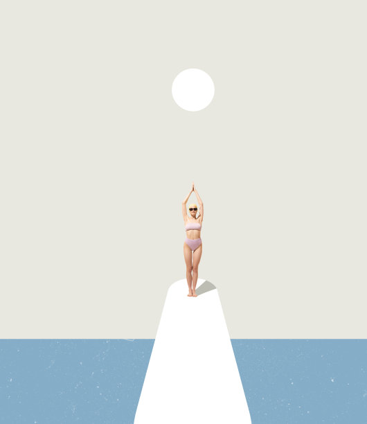 当代艺术拼贴。穿着复古泳装的女孩准备潜入大海。图片下载