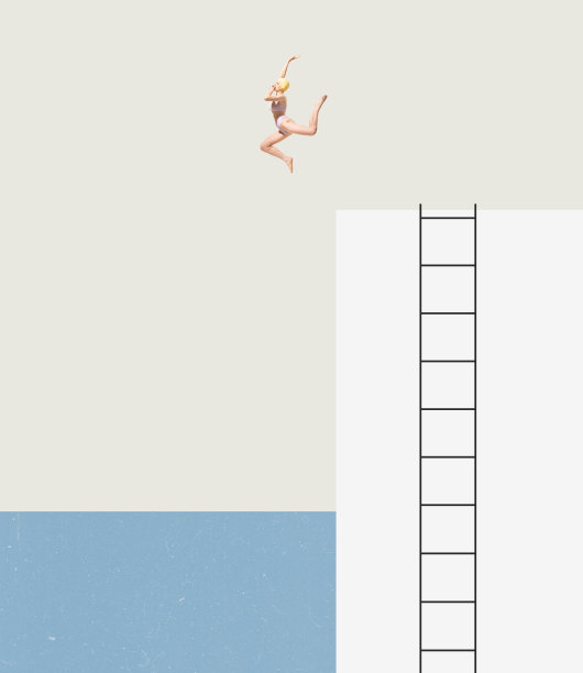 当代艺术拼贴。年轻的女孩从起跑线跳入大海。图片下载