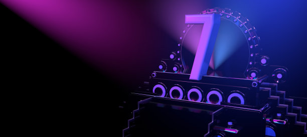 固体7号在一个反光的黑色舞台上，用蓝色和红色的灯光照亮了一个黑色的背景。三维演示图片下载