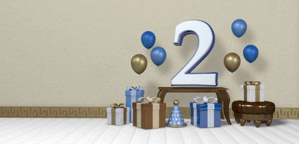 白色的2号蓝边木桌，周围是明亮的礼品盒和气球漂浮在木地板上的空房间，淡黄色的墙壁。三维演示图片下载