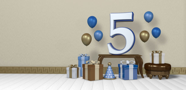 白色的5号蓝色边框的木桌，周围是明亮的礼盒和气球漂浮在木地板上的空房间，淡黄色的墙壁。三维演示图片下载