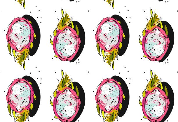 手绘矢量抽象不寻常的无缝图案异国热带火龙果或火龙果孤立在白色背景。图片下载