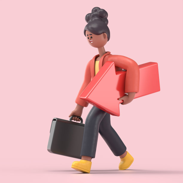 3D插图微笑的非洲裔美国女人可可走与红色箭头。粉色背景的3D渲染。图片下载