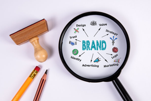 品牌,经营理念。白底插图和放大镜图片下载