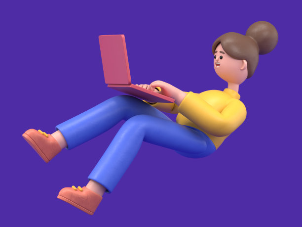 3D插图微笑的女人安吉拉与笔记本电脑在空中飞行。卡通下降放松商人，自由职业者使用社交网络，在线工作。工作场所的概念。图片下载
