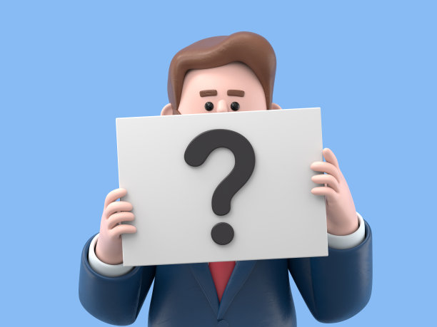 三维插图微笑商人鲍勃持有和显示旗帜卡的问号标志符号。蓝色背景上的3D渲染。图片下载