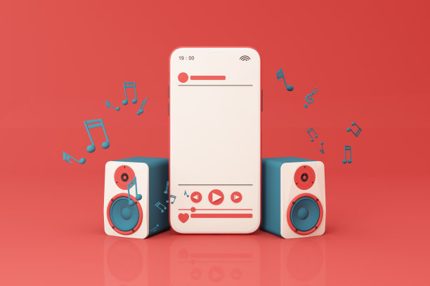 手机周围的扬声器，耳机，智能手机与歌曲播放列表和音乐键音符孤立在柔和的背景。三维渲染图片下载