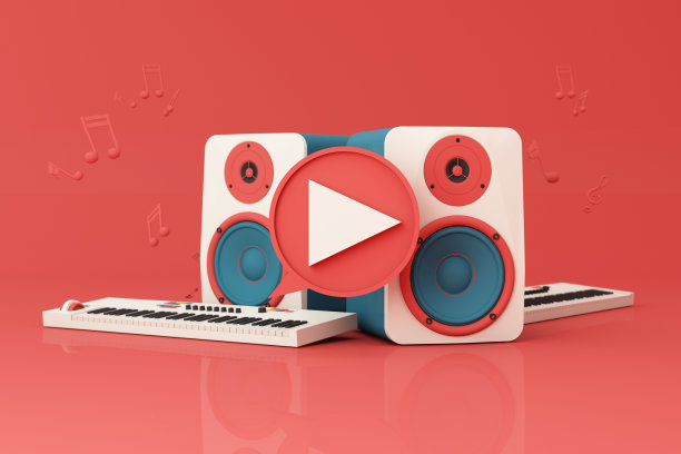 播放音乐符号周围的扬声器，钢琴键盘，智能手机与歌曲播放列表和音乐键音符孤立在柔和的背景。三维渲染图片下载