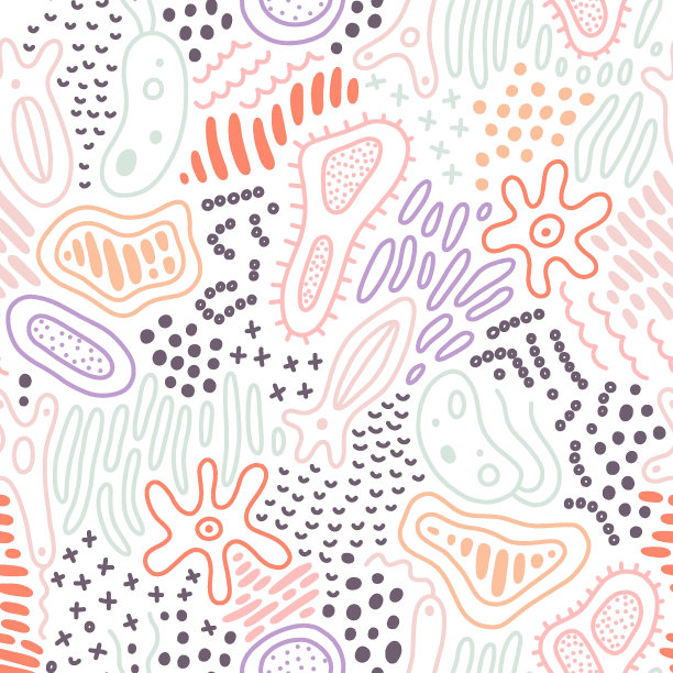 抽象涂鸦图案与微生物，病毒，细菌。载体无缝背景与幻想微生物，霉菌，细胞，细菌，益生菌等。图片下载