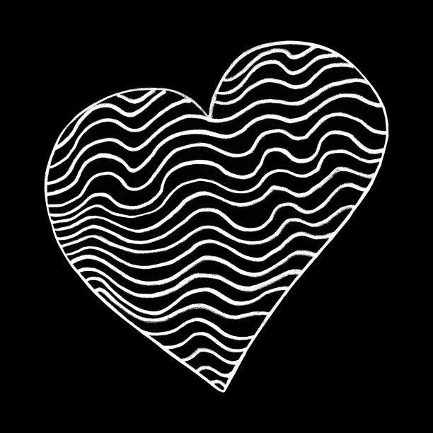 用彩色铅笔画的白色心。心脏形状孤立在黑色背景。图片下载