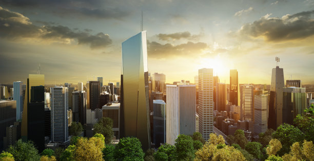 虚拟设计绿色城市景观天际线与弯曲的高速公路图片下载