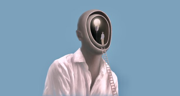 概念构思艺术的大脑，成功和思考。超现实主义的概念艺术作品。一个人在楼梯上，一个灯泡在人脑里。图片下载