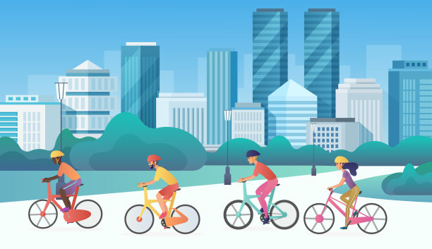 骑自行车的人骑着自行车在现代城市景观，活跃的女人戴着头盔在城市道路上图片下载