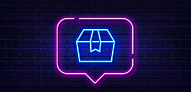 包装盒行图标。快递包裹的迹象。货物货物。霓虹灯语音泡泡。向量图片下载