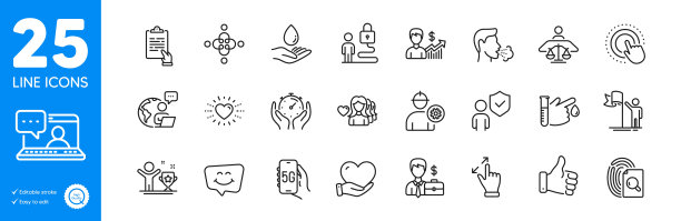 轮廓图标集。微笑聊天，朋友聊天和心脏图标。对于网站应用程序。矢量图片下载