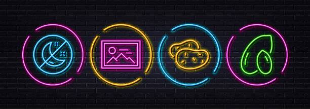 失眠，土豆和照片最小线条图标。对于web应用程序，打印。氖激光3d灯。向量图片下载