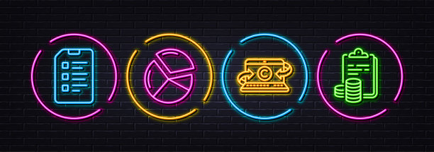 清单，饼图和文案笔记本最小的线条图标。对于web应用程序，打印矢量图片下载