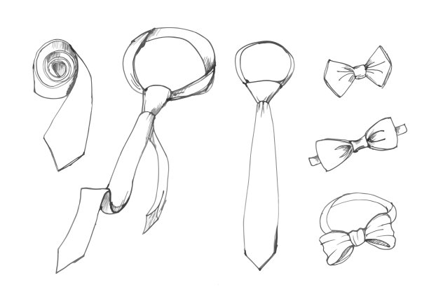 父亲节收集手绘的白色背景的男性配件。领带和领结。矢量插图。图片下载