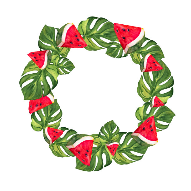 绿色的热带monsterleaf和水彩西瓜片，水彩花环设计图片下载