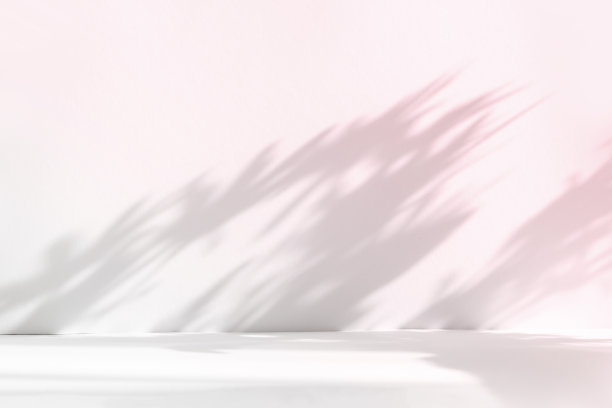 抽象的粉红色工作室背景用于产品展示。空无一人的房间里有窗户、花朵和棕榈叶的影子。带有拷贝空间的3d房间。夏季音乐会。模糊的背景。图片下载