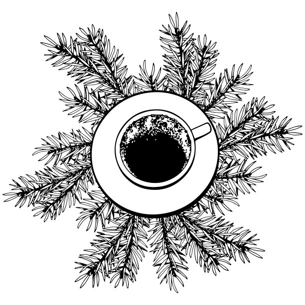 咖啡杯和森林松枝在白色的背景。图片下载