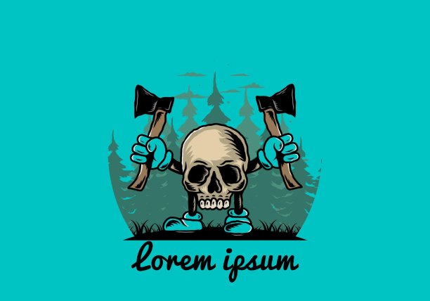 骷髅手握两把斧头的插图设计图片下载