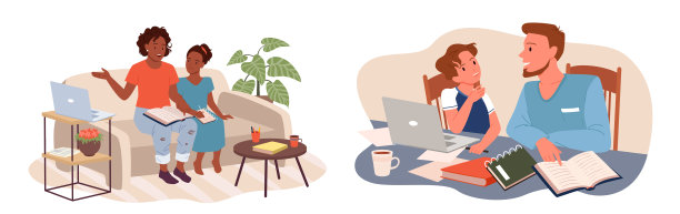 父母教育孩子，用书本或笔记本电脑学习，支持孩子完成家庭作业图片下载