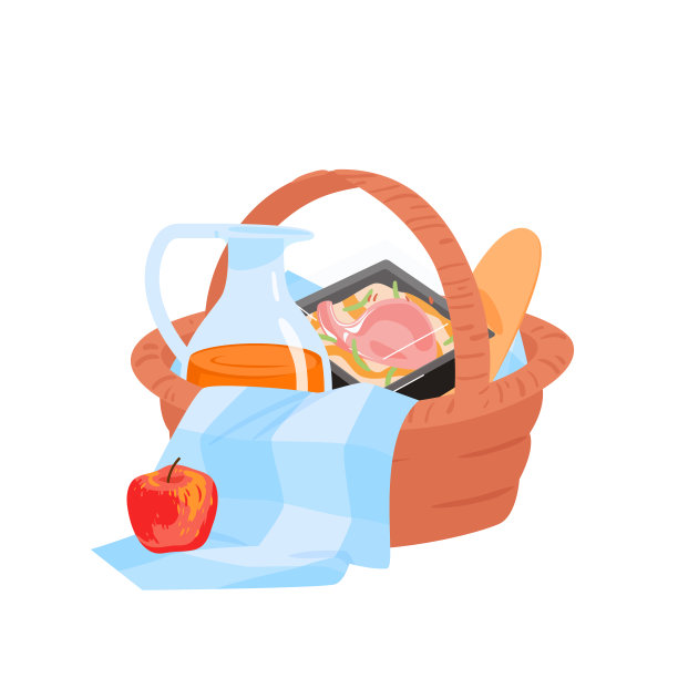 户外烧烤的食物，生烧烤肉和法棍，盛在篮子里的玻璃杯饮料图片下载