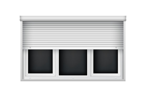 白色三层塑料窗，百叶窗半开。逼真的玻璃卷帘。室内装饰设计用大型百叶窗样板。图片下载