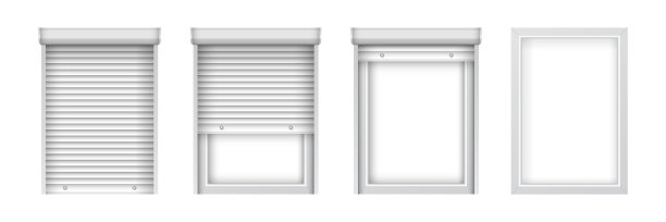 逼真的塑料窗户与百叶窗。玻璃窗上的卷帘。室内装饰设计的封闭式和开放式窗户模型图片下载