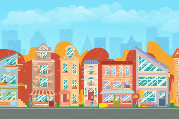 城市街道的野花。明亮的房屋，行走的行人，秋天的树木，全景的城市景观。商店和商店。秋天的城市。矢量插图在卡通风格。图片下载