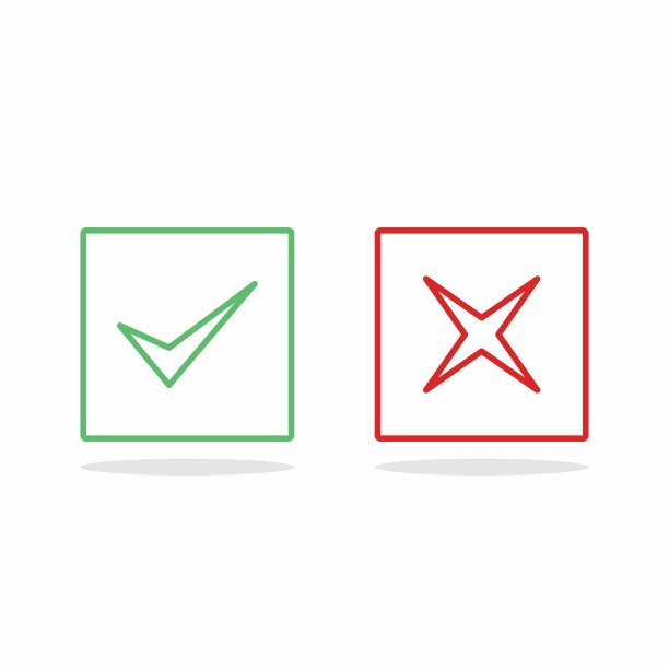 检查和错误标记，勾选和交叉标记，接受/拒绝，批准/不批准，是/否，对/错，绿色/红色，正确/错误，Ok/不Ok -矢量标记符号，绿色和红色。孤立的图标。图片下载