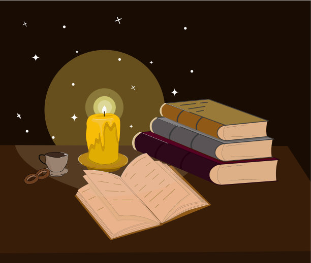 桌子上有蜡烛和书的插图，图片下载