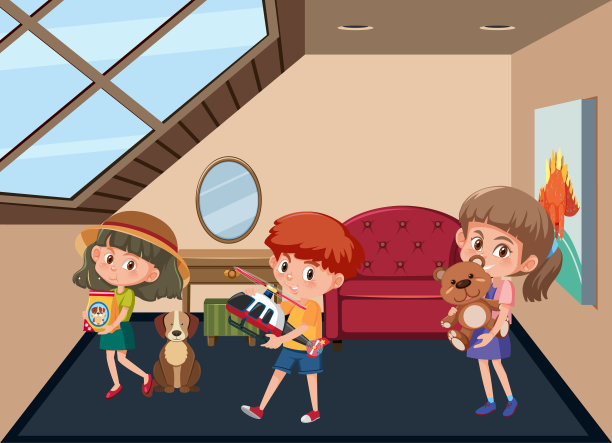 阁楼客厅场景与卡通人物图片下载