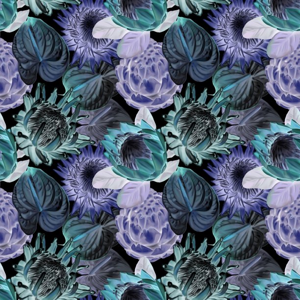 山龙眼无缝模式。水彩现实主义花的protea和红掌。插图墙纸。织物印刷图片下载