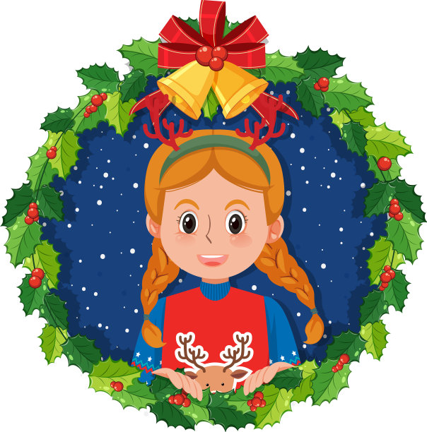 圣诞花圈边上画着一个可爱的女孩图片下载