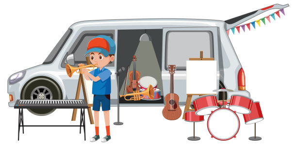 小男孩在车旁吹小号图片下载