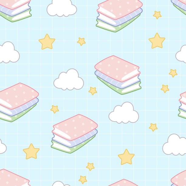 卡哇伊风格的无缝学校图案。蓝色格子背景上有云朵和星星的可爱的书。图片下载