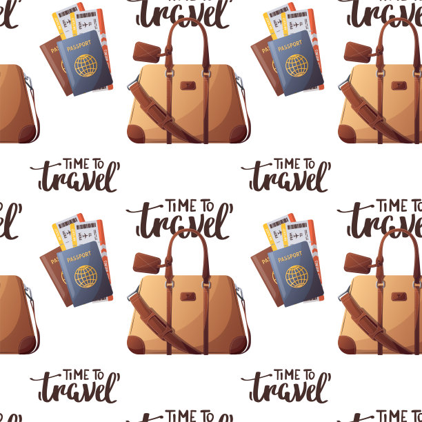 旅行袋、护照、登机牌、刻字无缝图案。图片下载